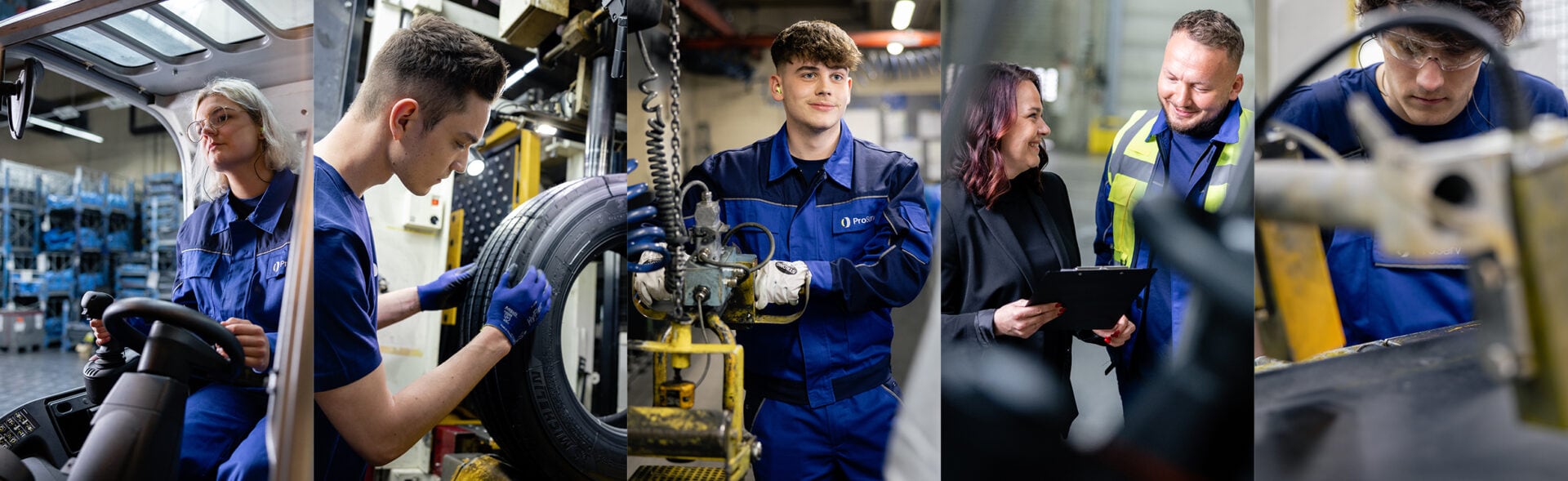 Eine Collage von Arbeitern in Industrieuniformen, die verschiedene Aufgaben in einer Fabrik ausführen, z. B. Fahren, Bedienen von Maschinen, Überprüfen von Anlagen und eine Diskussion mit einem Vorgesetzten.