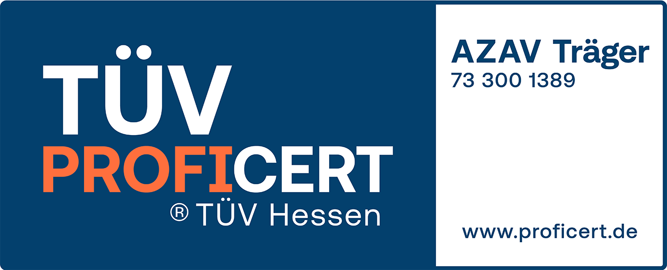 TÜV PROFICERT TÜV Hessen-Logo mit AZAV-Trägernummer 73 300 1389 und Website www.proficert.de.